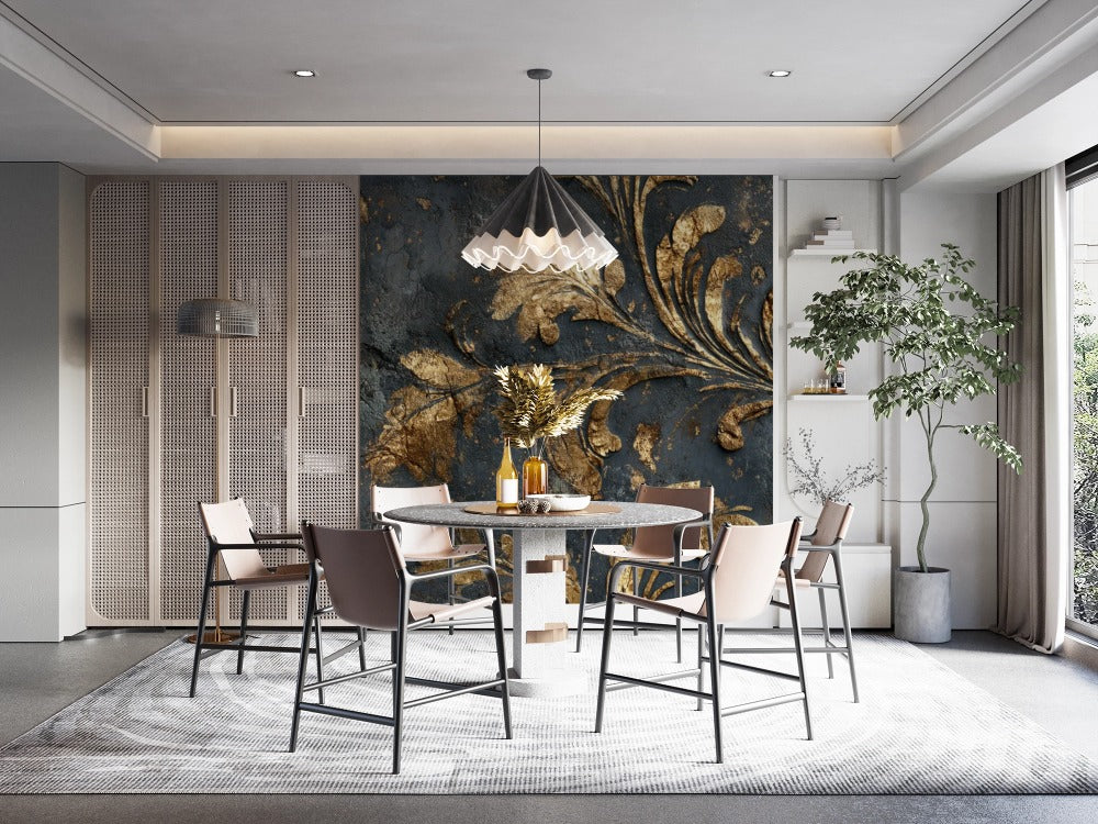 Timeless Elegance: Aged Gold Floral Design over Black Stone Surface