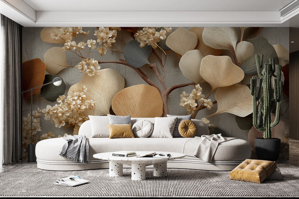 Organic Elegance: Neutral Leaf and Flower Illustration in Japandi Style