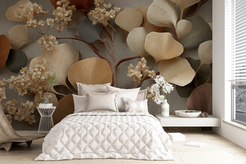 Organic Elegance: Neutral Leaf and Flower Illustration in Japandi Style