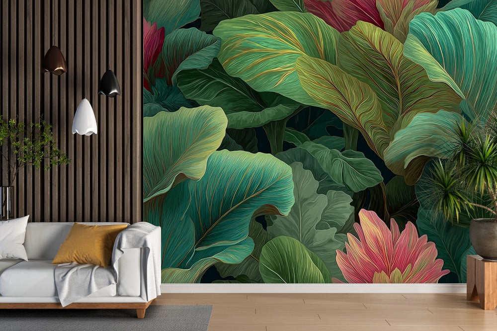 Vibrant Botanical Garden: Exotic Leaf Illustration with Bold Detailing