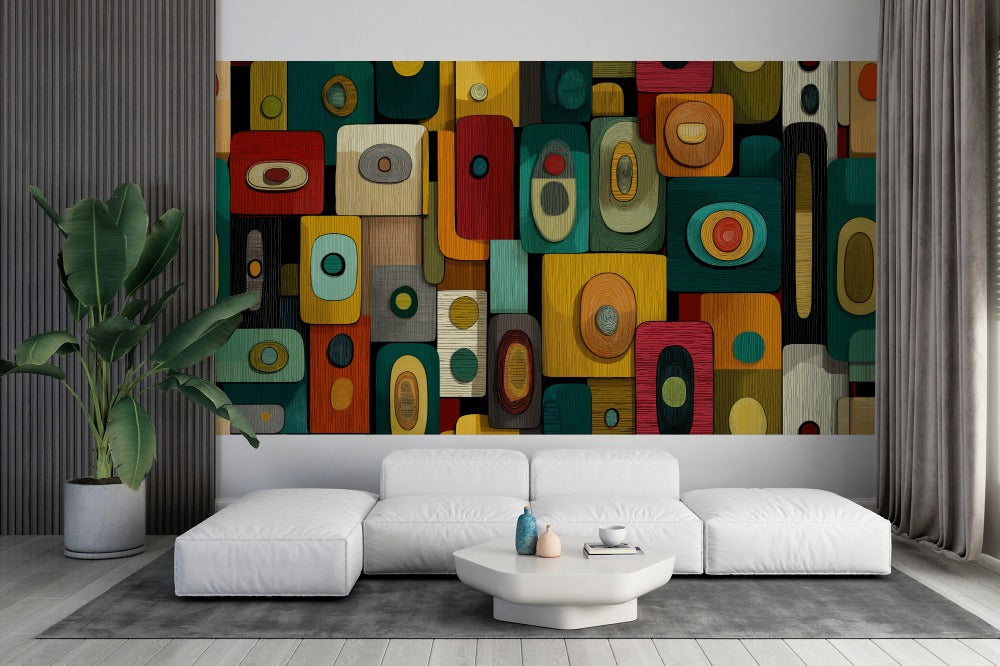 Retro Geometry: Abstract Art with Wood Textures and Earthy Tones