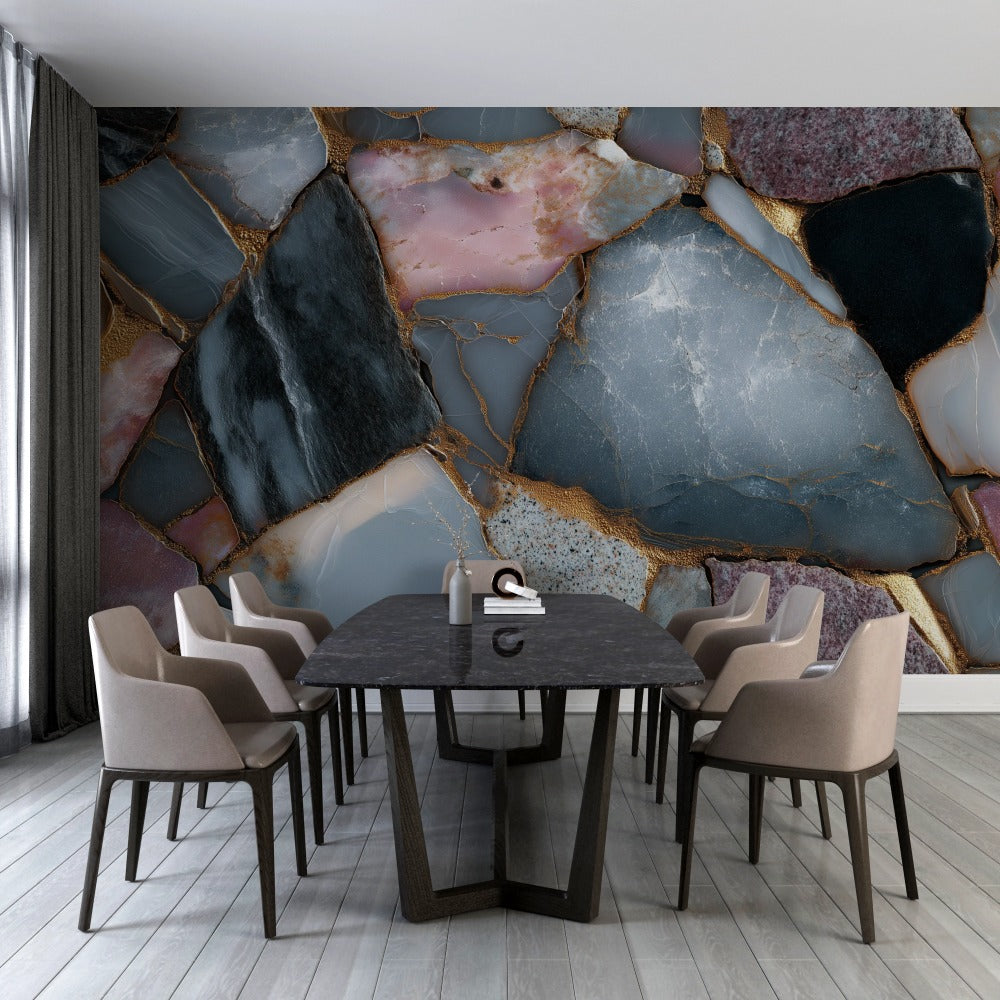 Mineral Elegance: Marble and Crystal Composition with Golden Details