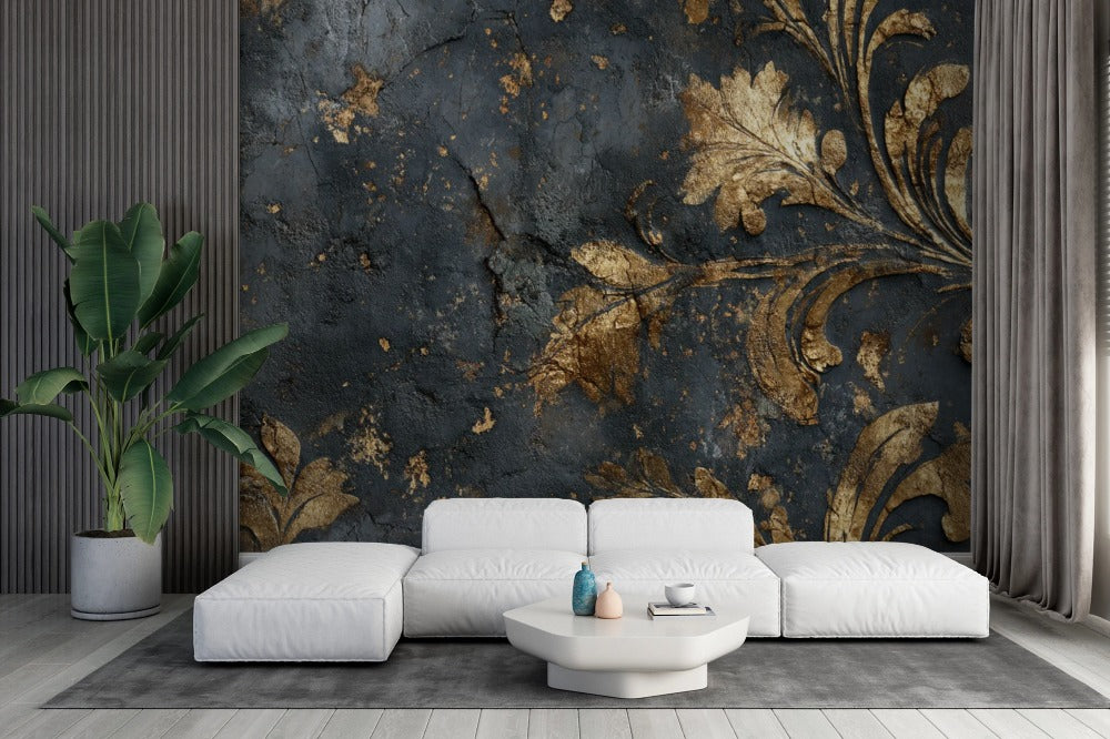 Timeless Elegance: Aged Gold Floral Design over Black Stone Surface
