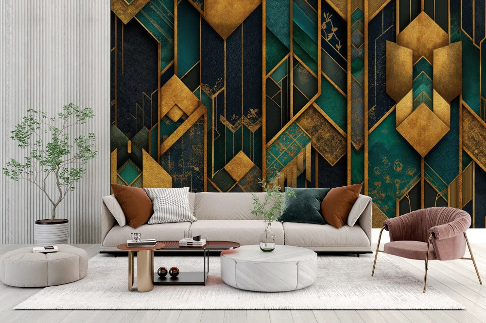Golden Geometry: Art Deco Design with Elegant Textures in Emerald Green