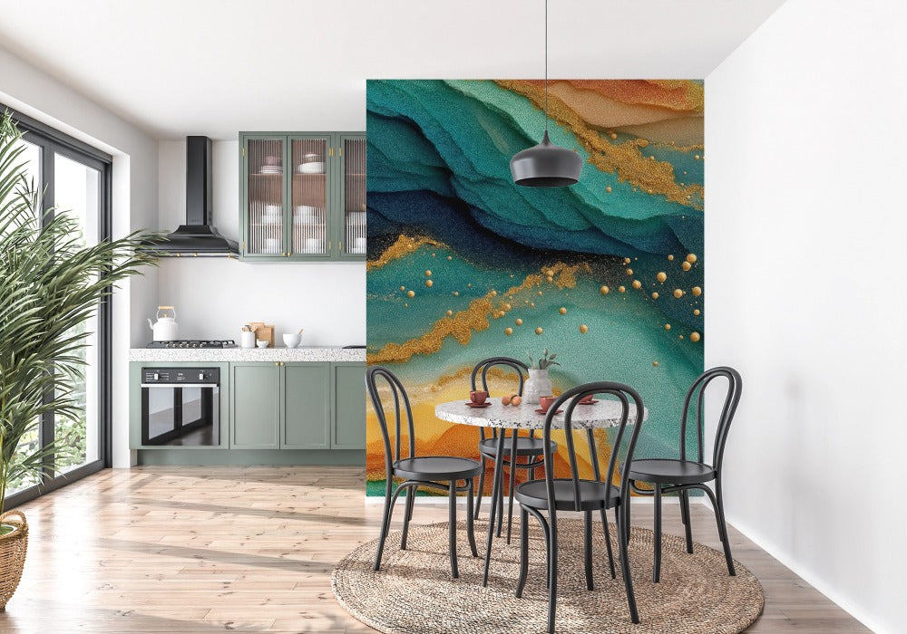 Mineral Universe: Abstract Illustration in Turquoise, Amber and Shining Gold