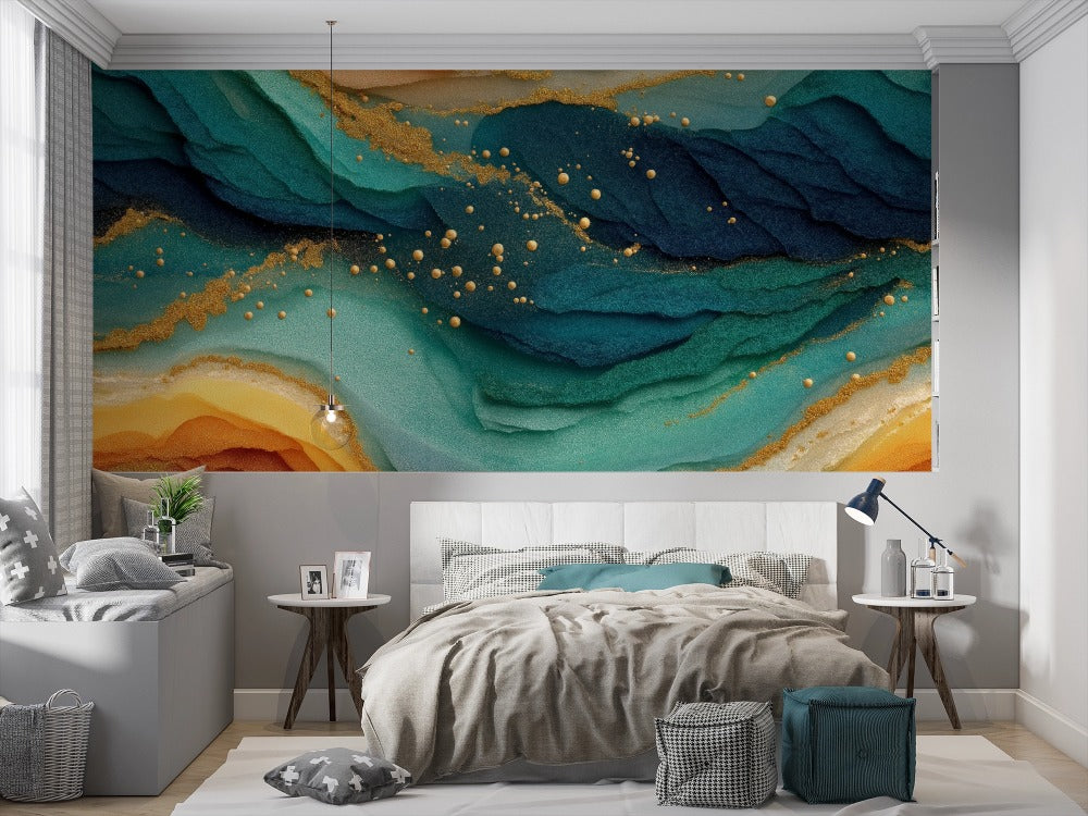 Mineral Universe: Abstract Illustration in Turquoise, Amber and Shining Gold