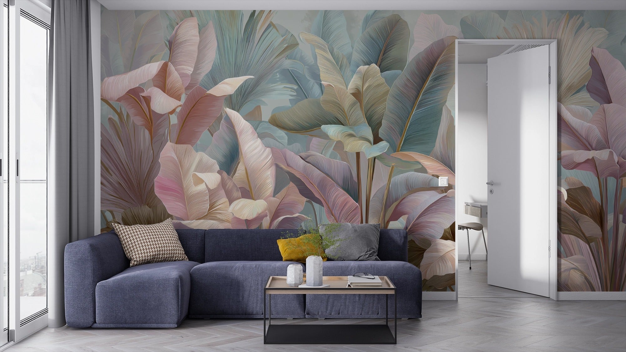 Soft Tropical Paradise: Illustrated Composition of Exotic Plants and Organic Elegance