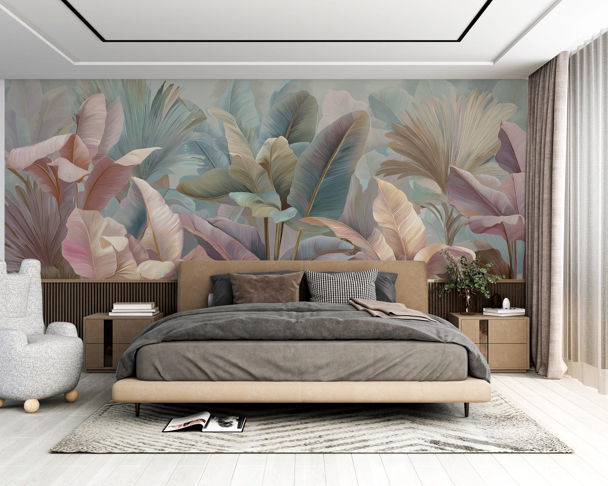 Soft Tropical Paradise: Illustrated Composition of Exotic Plants and Organic Elegance