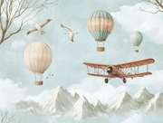 Retro Adventure in the Sky: Balloon and Biplane Flight Scene in Watercolor Style