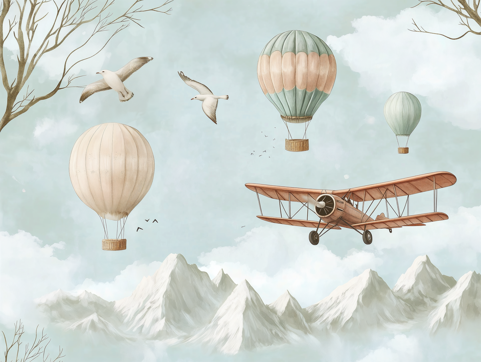 Retro Adventure in the Sky: Balloon and Biplane Flight Scene in Watercolor Style
