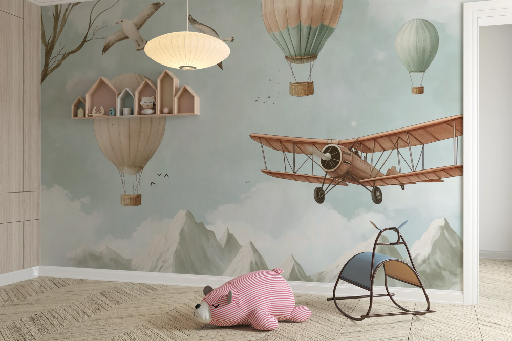 Retro Adventure in the Sky: Balloon and Biplane Flight Scene in Watercolor Style