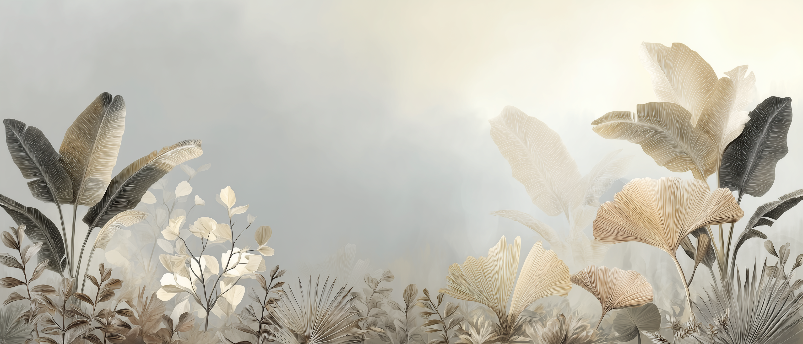 Soft Neutral Botanical Fan Leaf Wall Mural