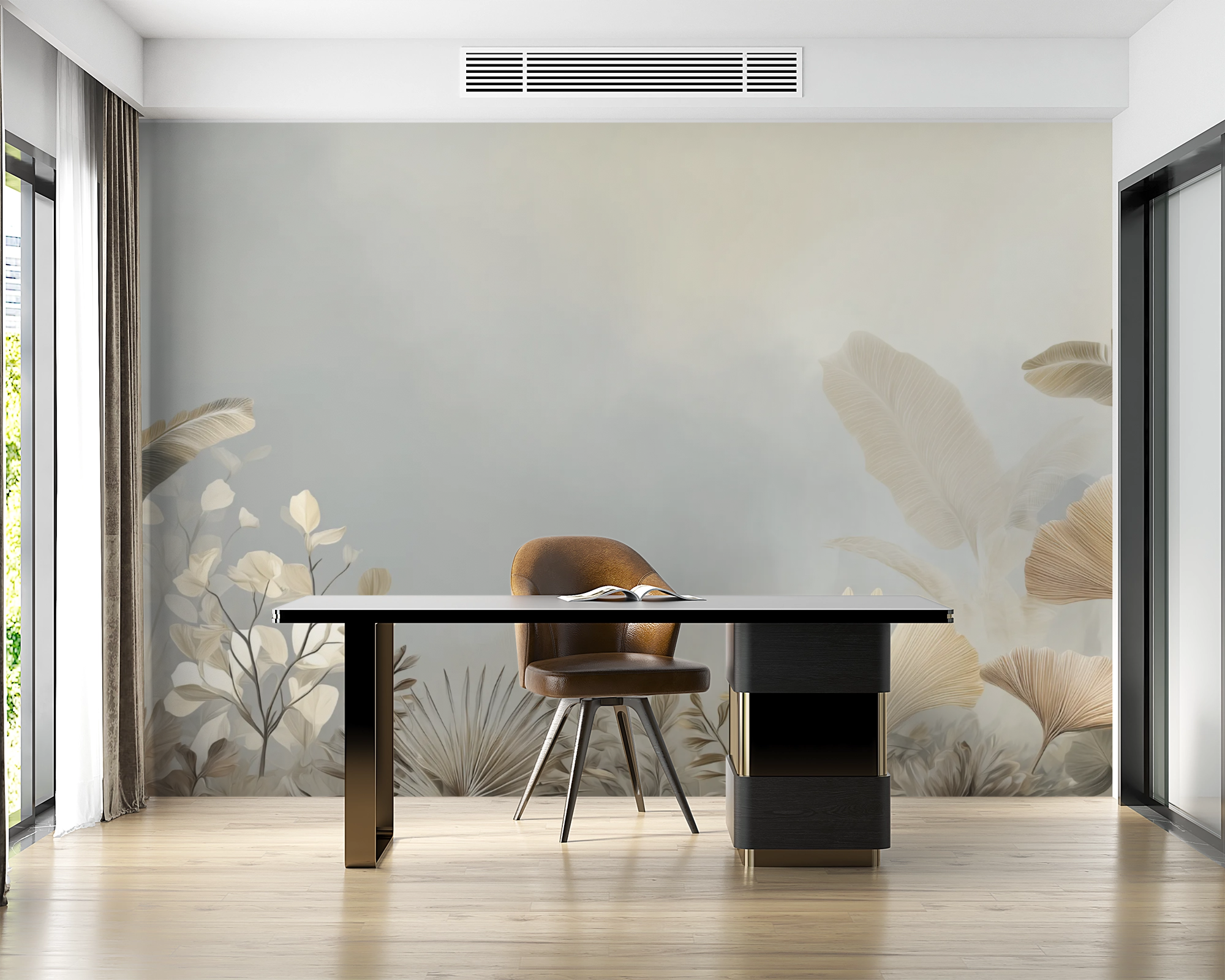 Soft Neutral Botanical Fan Leaf Wall Mural