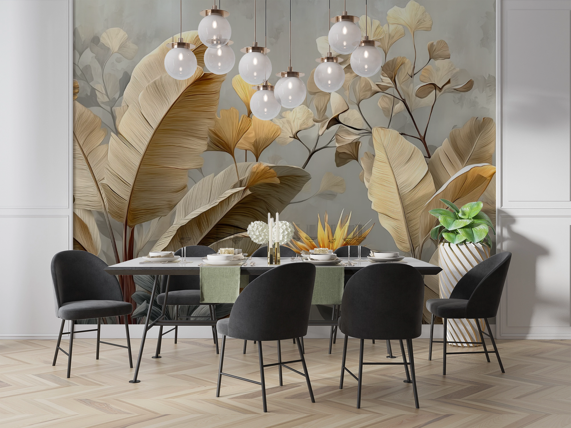 Golden Serenity Botanical Mural