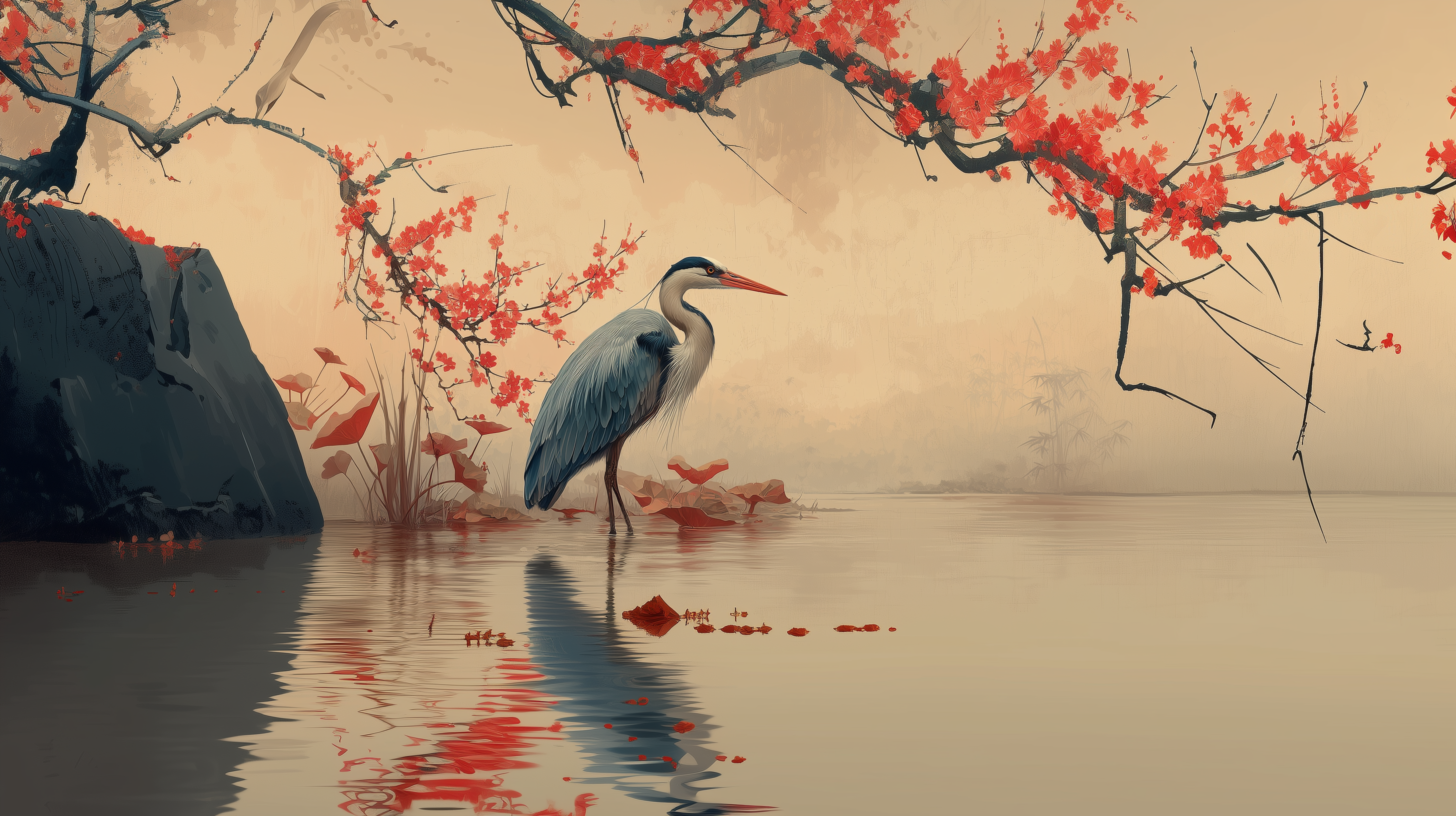 Crimson Blossom Heron Wall Mural – premium peel-and-stick wall mural