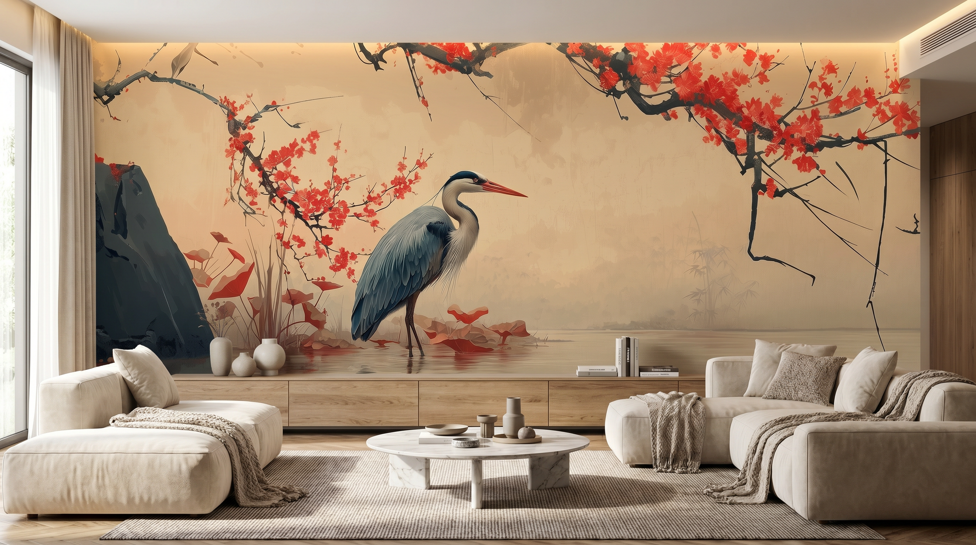 Crimson Blossom Heron Wall Mural – wall mural, view 3