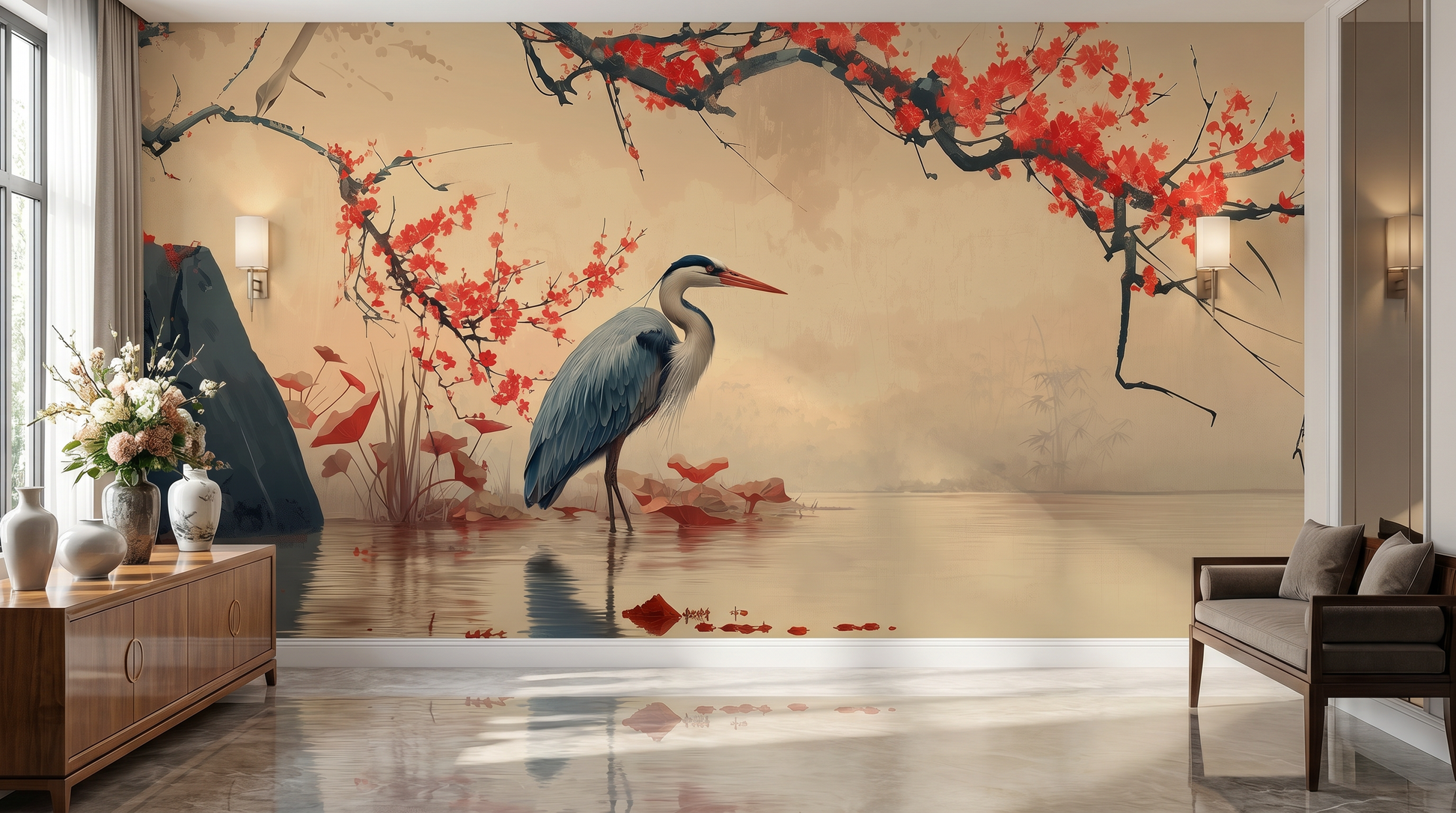 Crimson Blossom Heron Wall Mural – wall mural, view 4