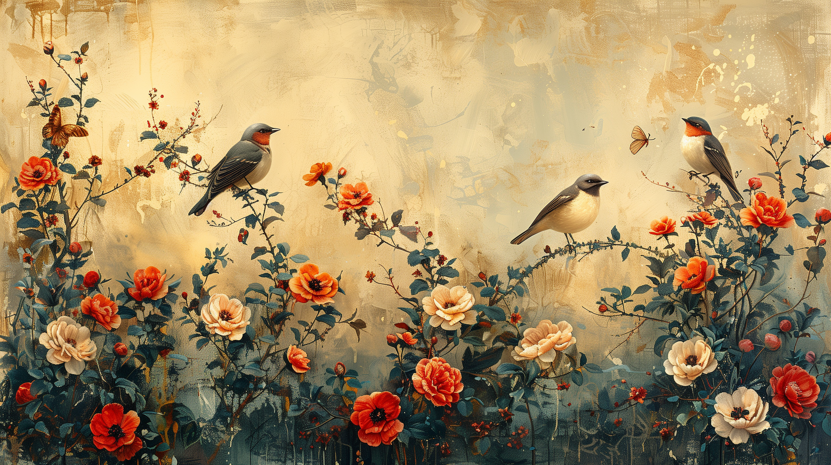 Vintage Garden Birds Wall Mural