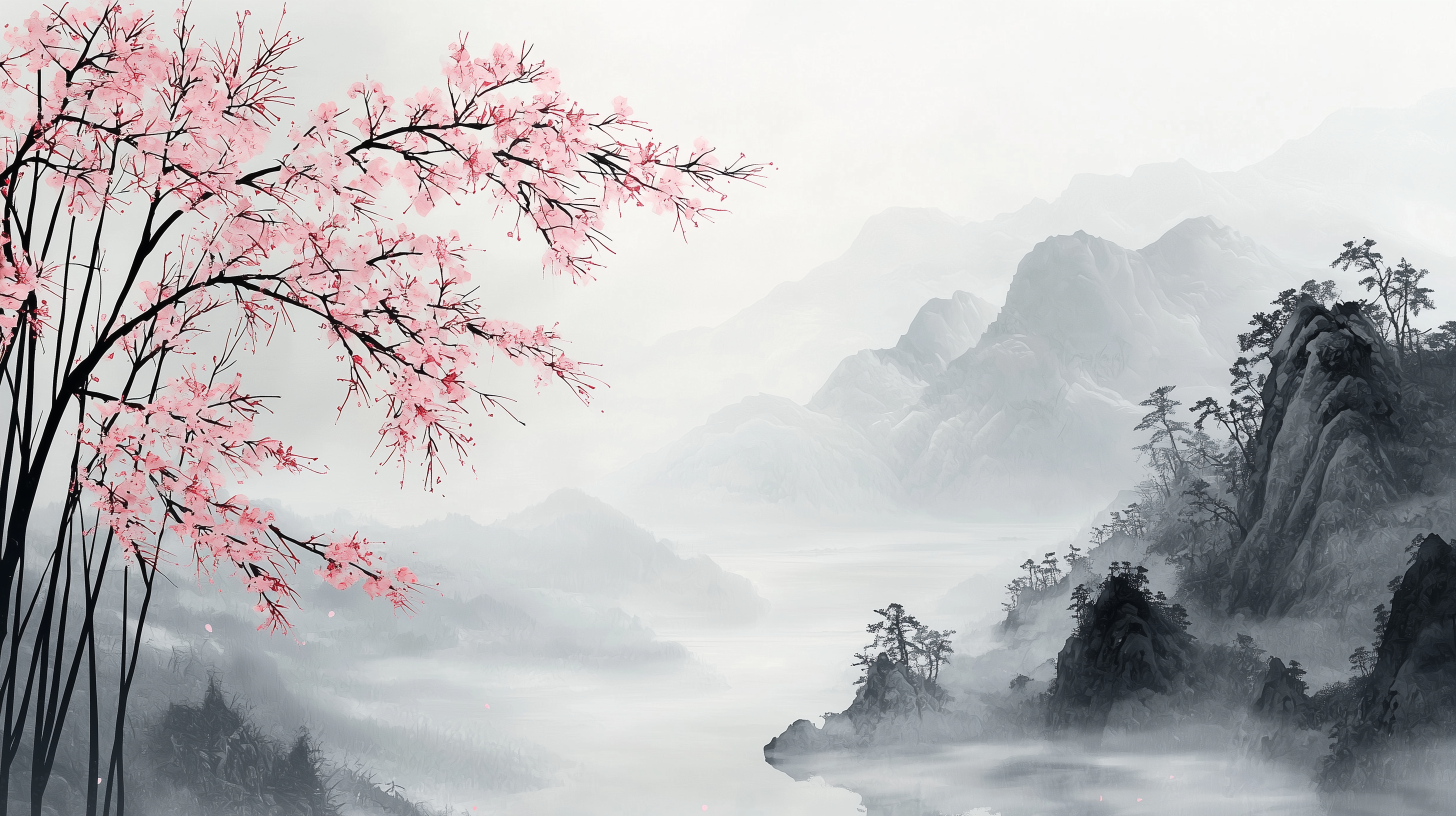 Cherry Blossom Misty Mountain Landscape Wall Mural