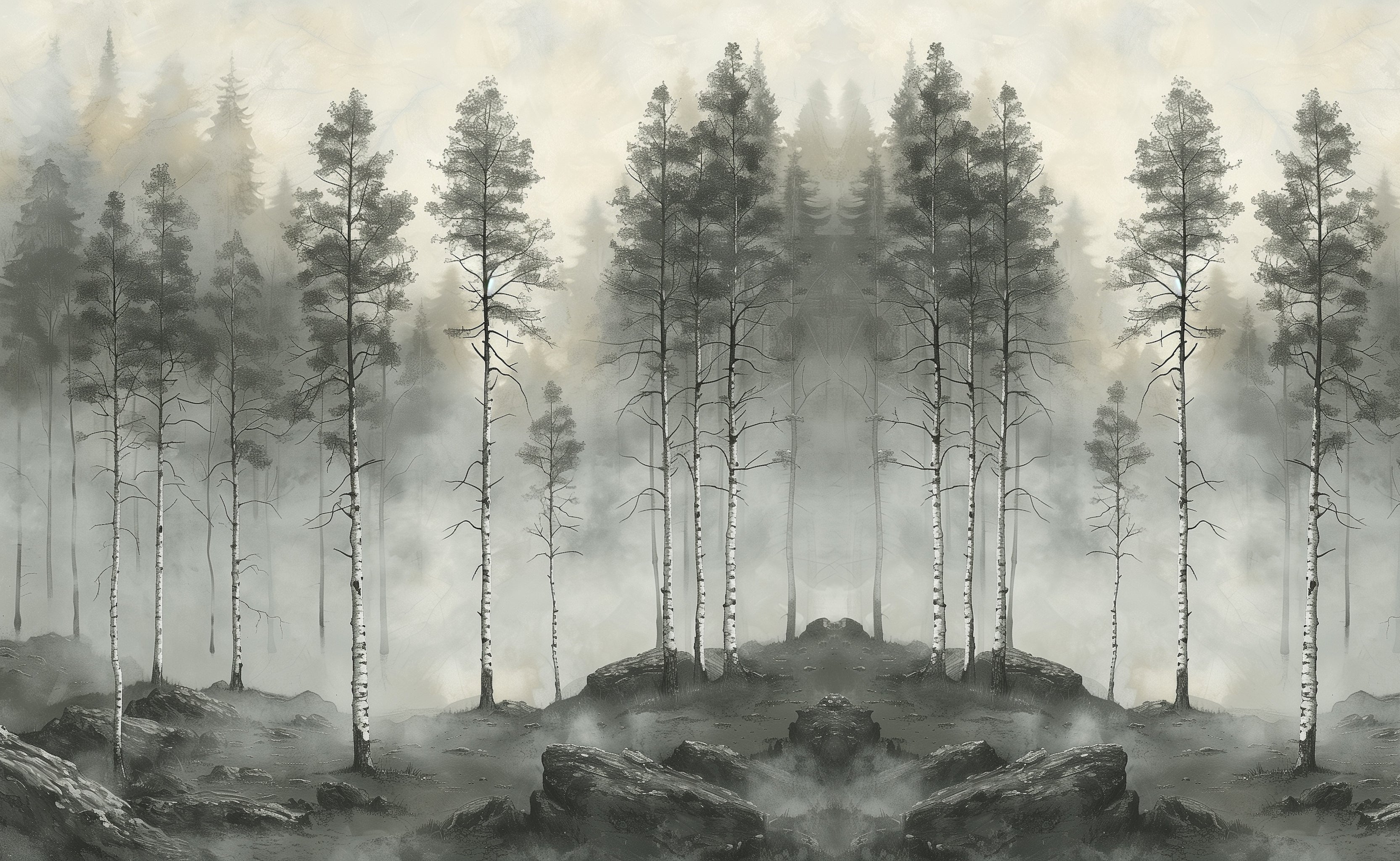 Misty Birch Forest Wall Mural
