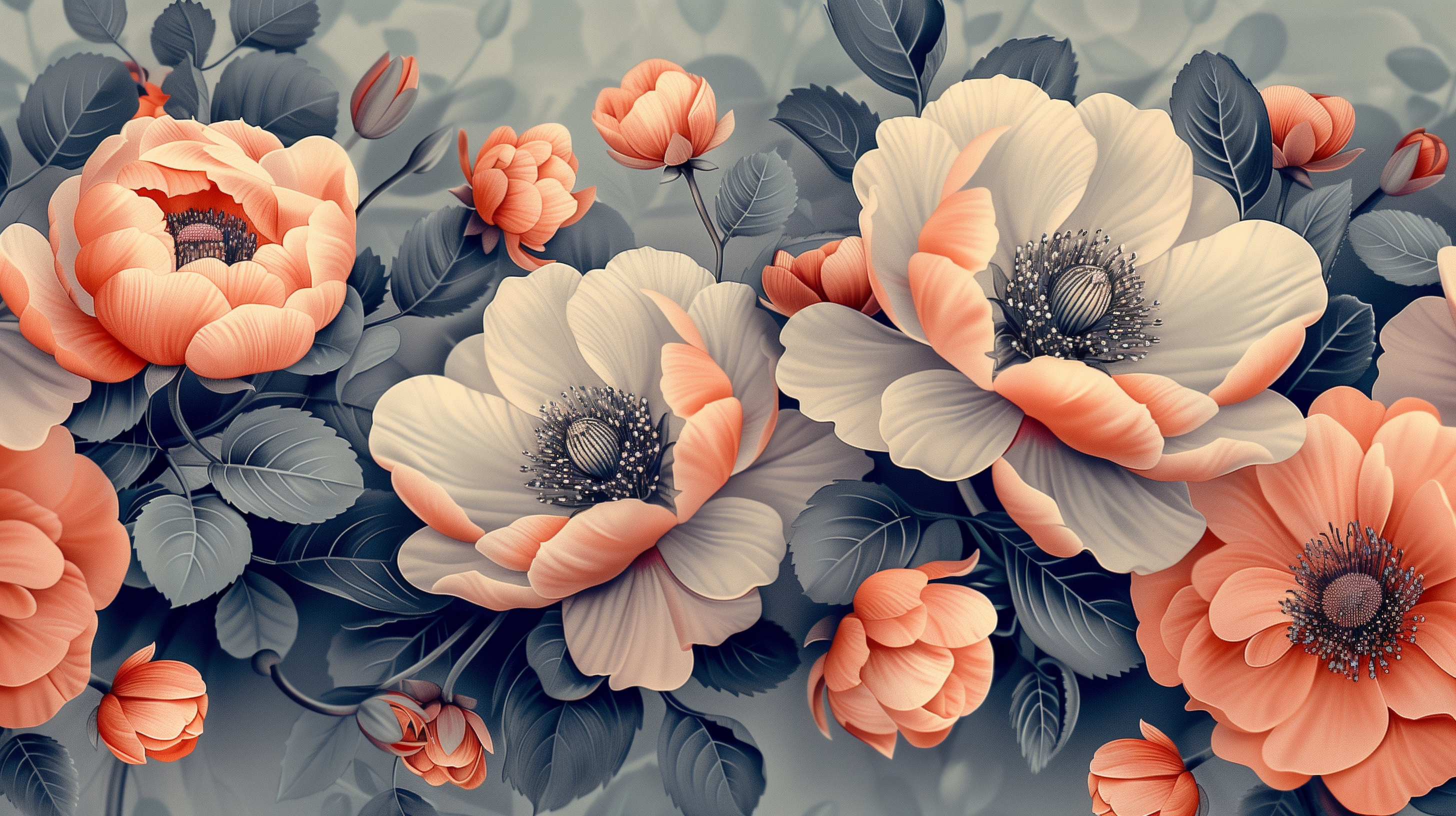 Coral Bloom Slate Botanical Wall Mural