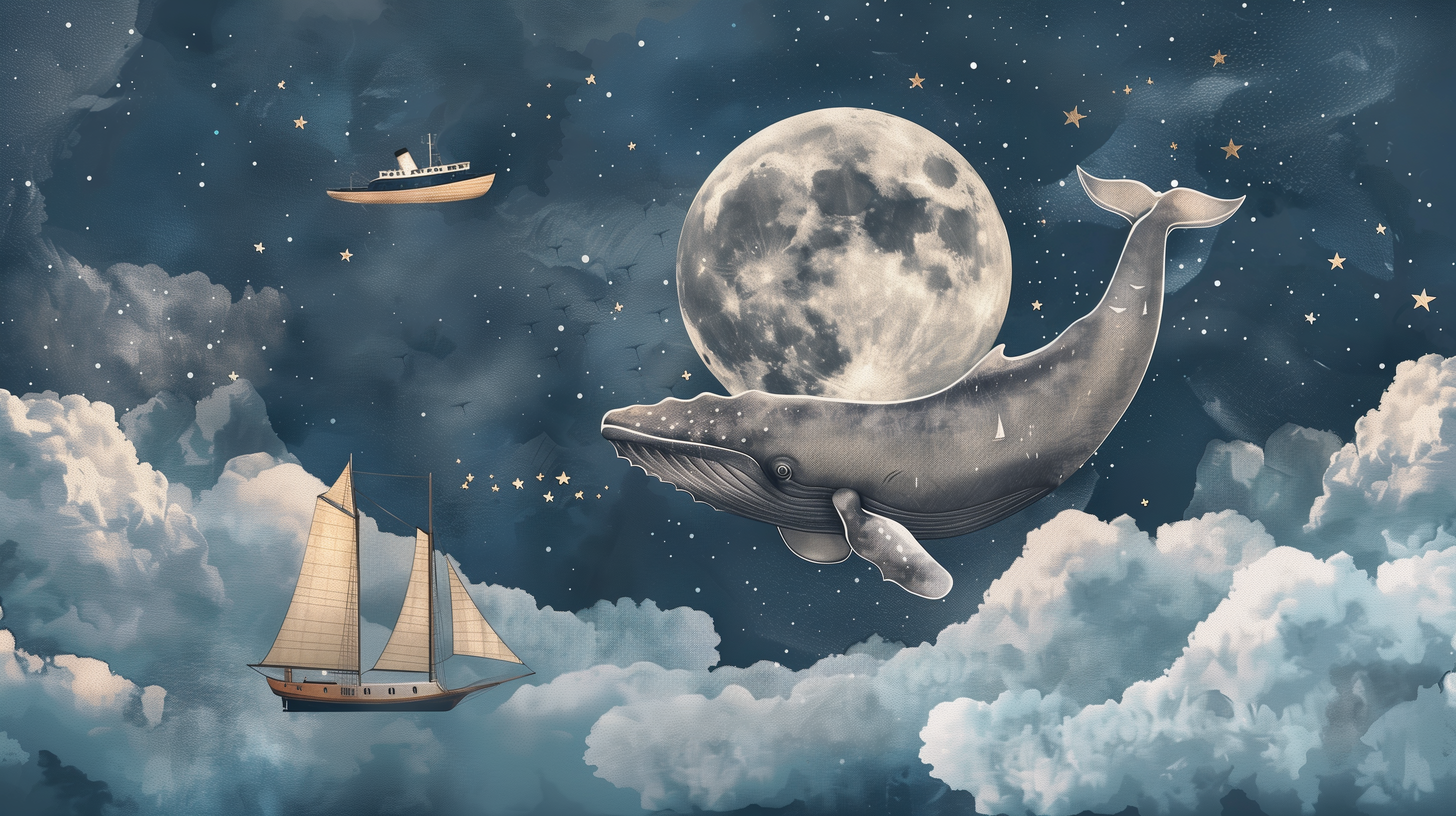 Moonlit Whale Wall Mural | Dreamy Peel and Stick Nursery Wallpaper