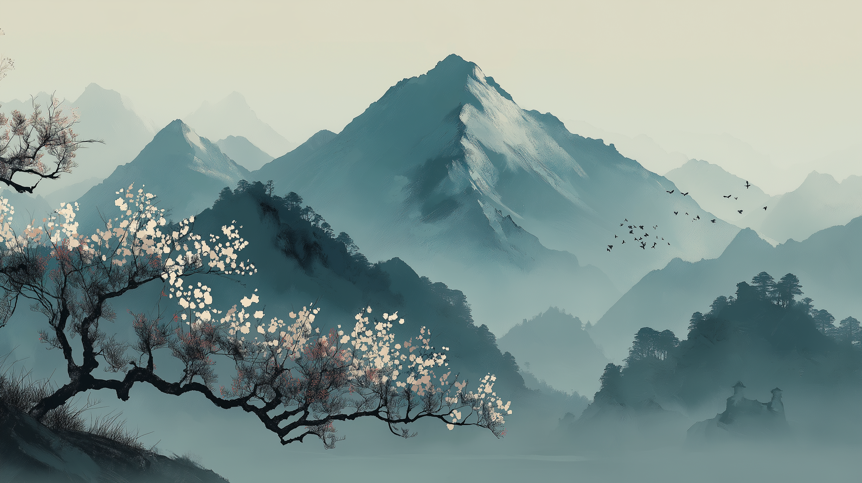 Misty Mountain Blossom Wall Mural