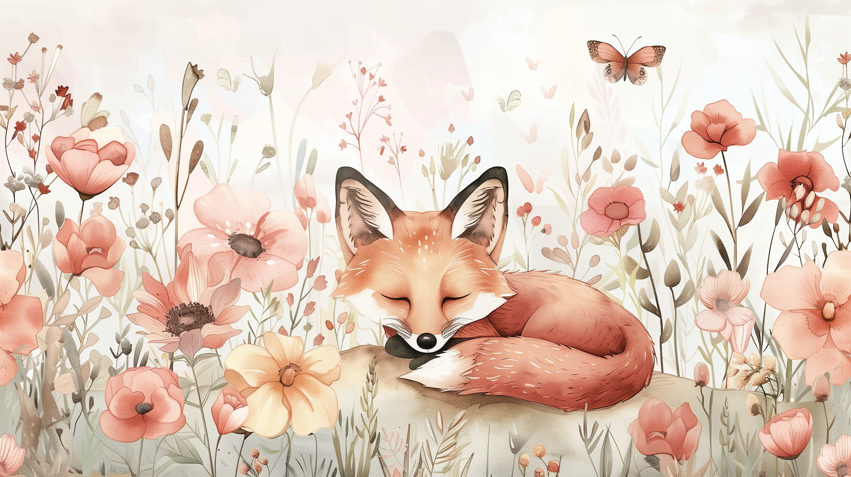 Blush Meadow Sleeping Fox Wall Mural