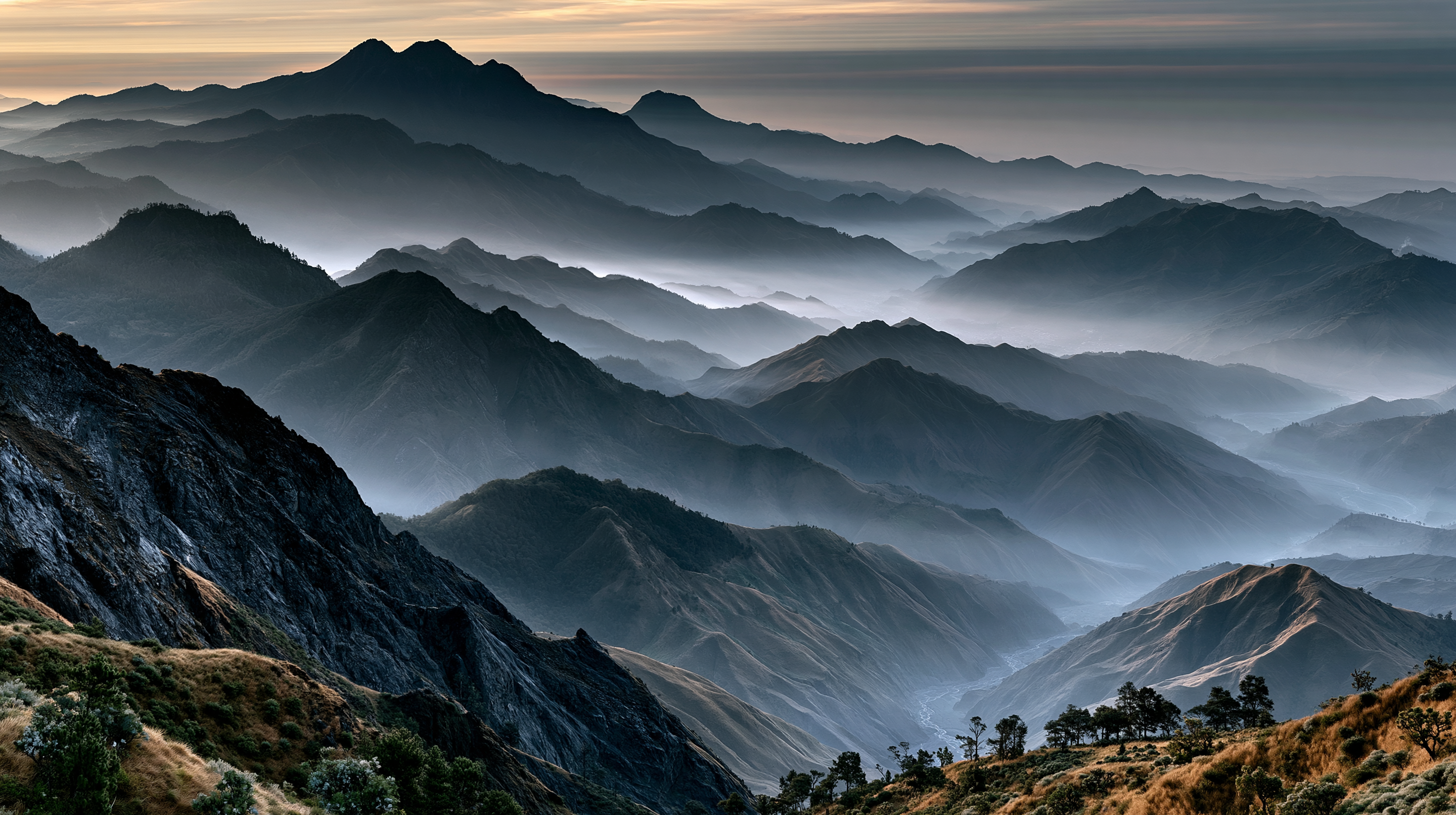Misty Mountain Horizon Wall Mural – premium peel-and-stick wall mural
