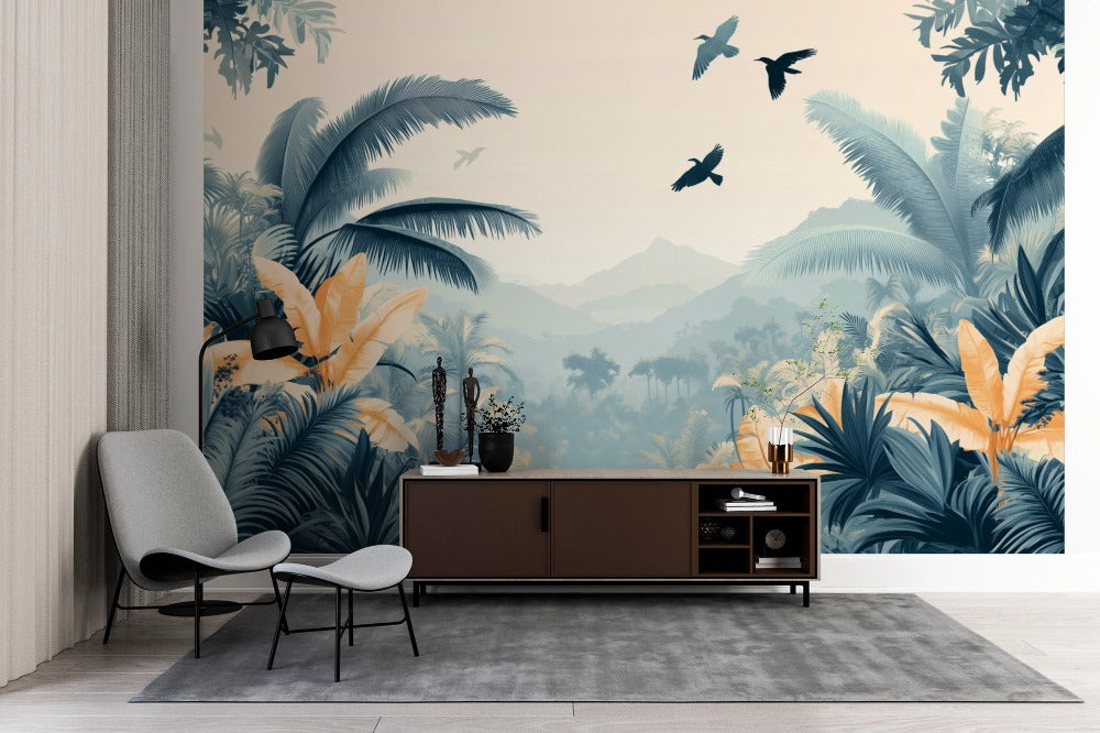 Tropical Tranquility: Jungle Scene with Birds in Flight