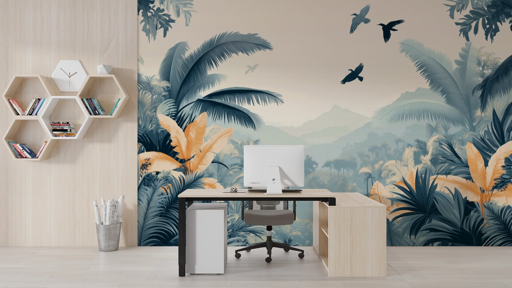 Tropical Tranquility: Jungle Scene with Birds in Flight