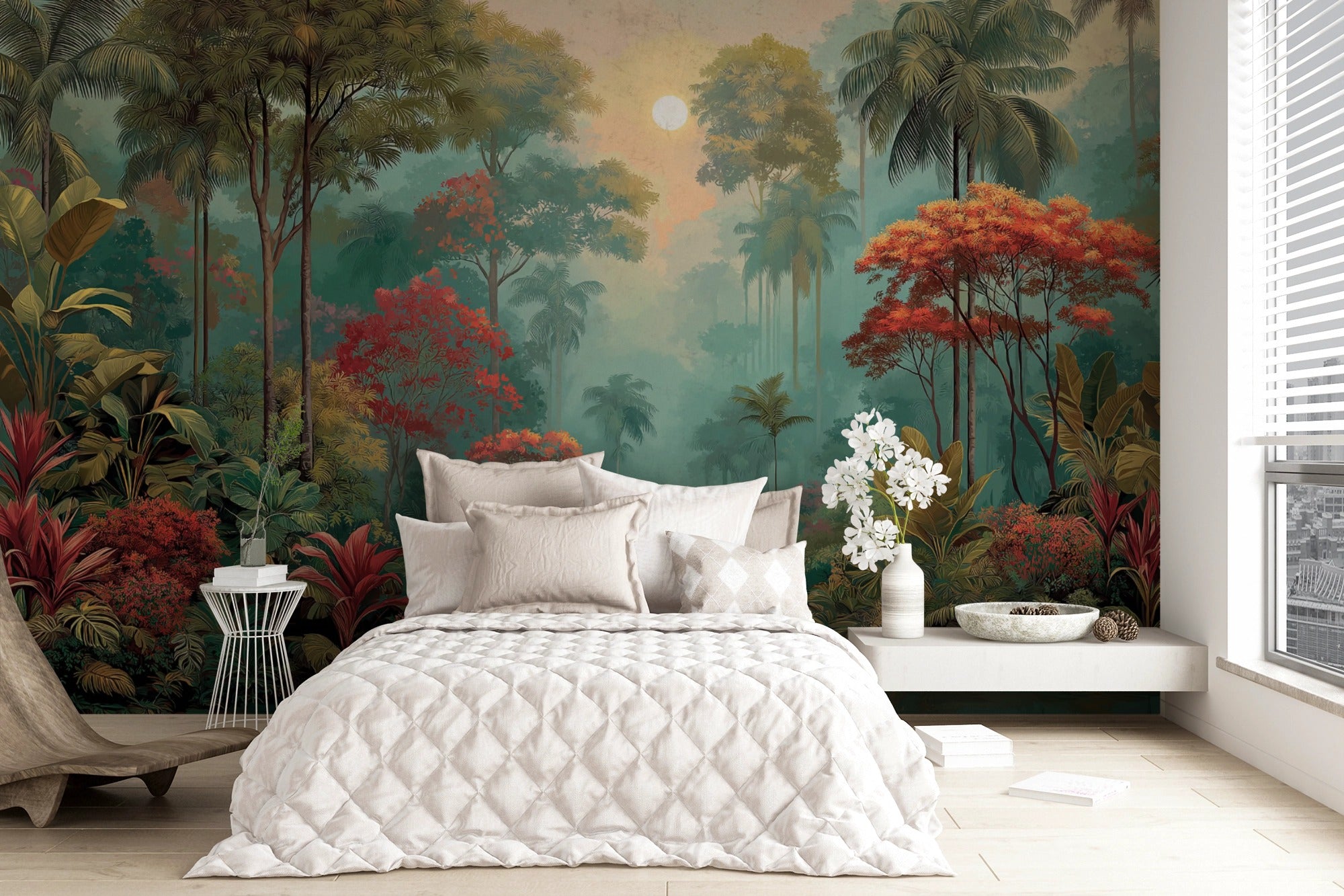 Tropical Botanical Inspiration: Illustrated Jungle Landscape with Lush Leaves and Golden Light