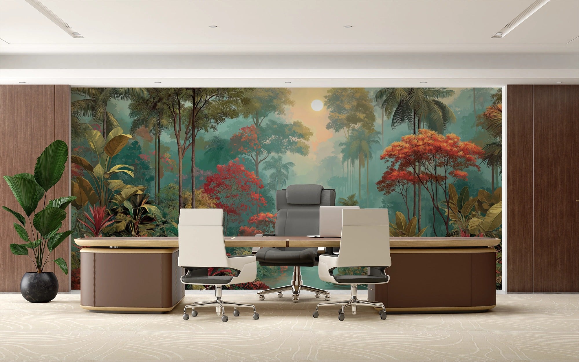 Tropical Botanical Inspiration: Illustrated Jungle Landscape with Lush Leaves and Golden Light