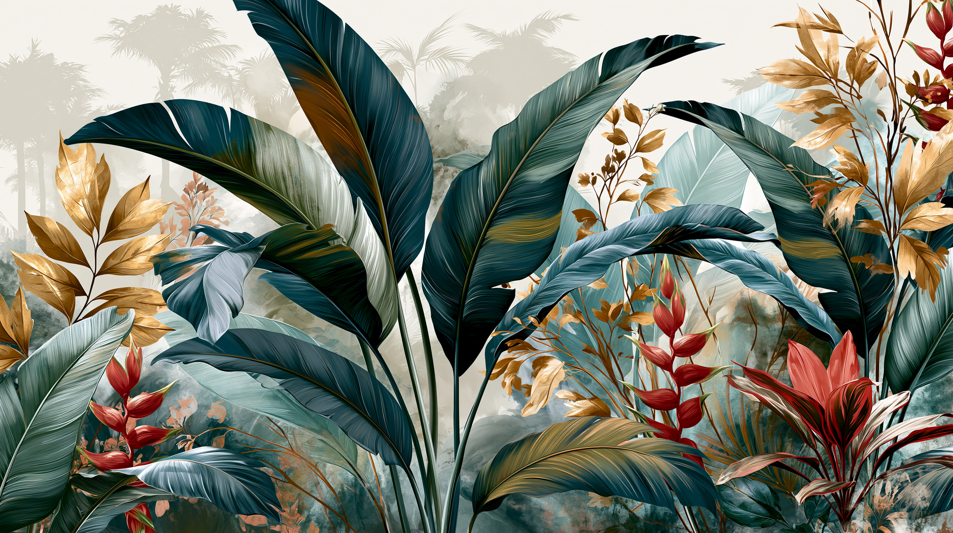 Tropical Banana Leaf & Heliconia Botanical Wall Mural – premium peel-and-stick wall mural