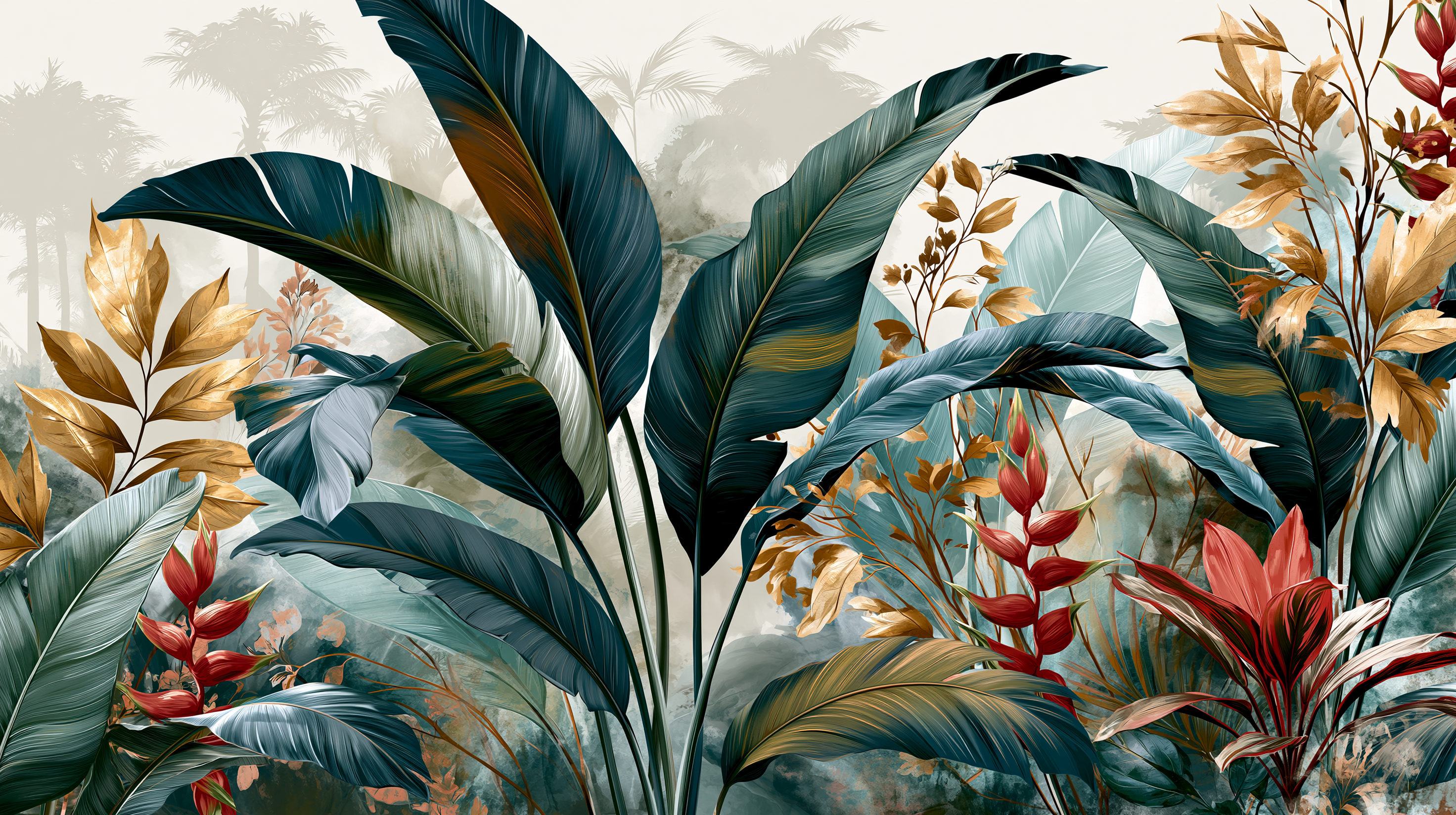 Tropical Banana Leaf & Heliconia Botanical Wall Mural – premium peel-and-stick wall mural
