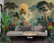 Golden Tropical Moon: Lush Jungle Illustration with Warm Light and Exotic Nature