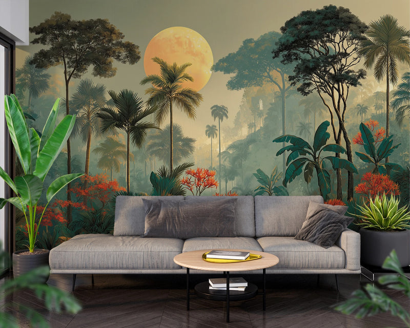 Golden Tropical Moon: Lush Jungle Illustration with Warm Light and Exotic Nature