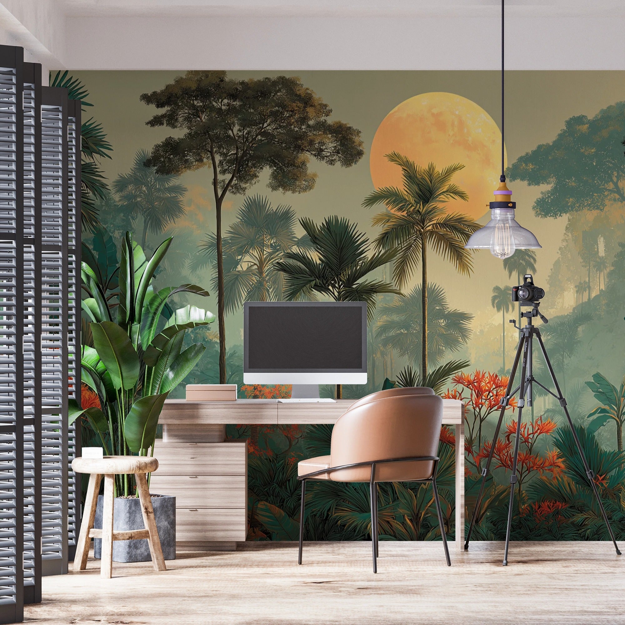 Golden Tropical Moon: Lush Jungle Illustration with Warm Light and Exotic Nature