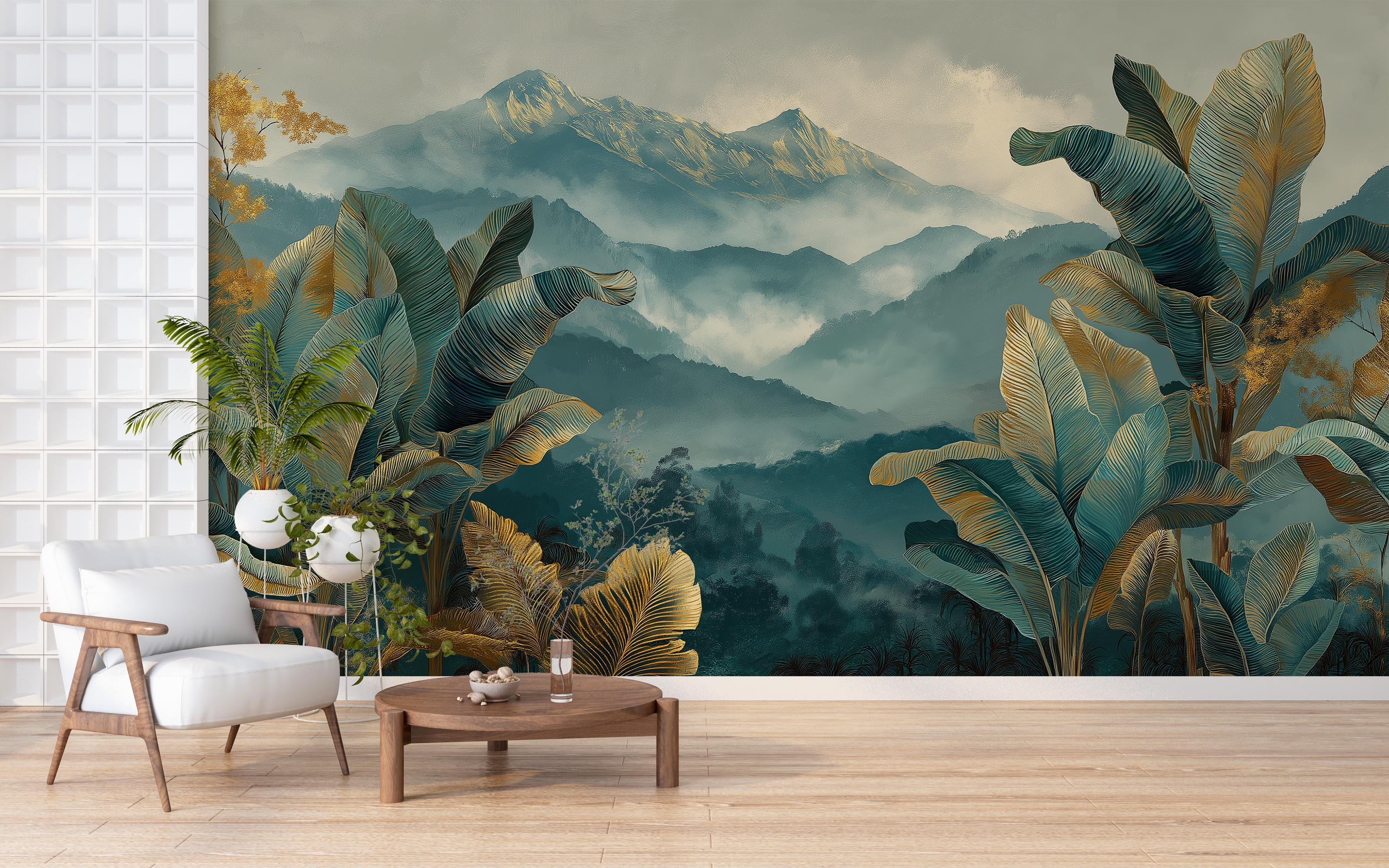 Heights and Nature: Artistic View of Misty Mountain Jungle in Gold and Fog