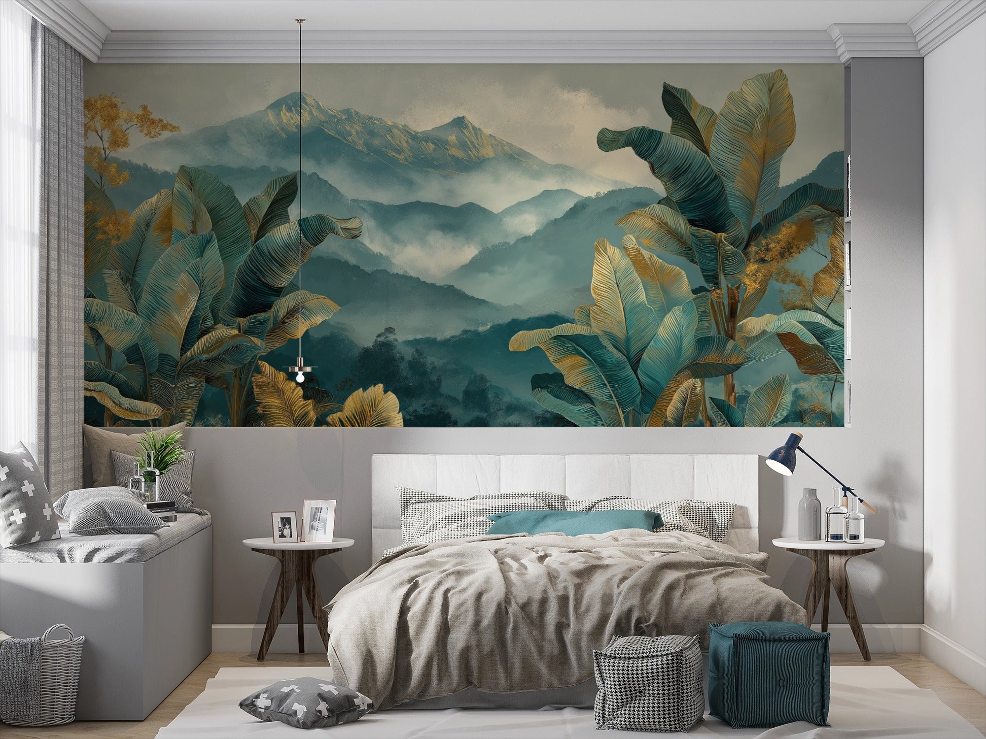 Heights and Nature: Artistic View of Misty Mountain Jungle in Gold and Fog