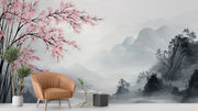 Mountain Dawn: Cherry Blossoms and Mist