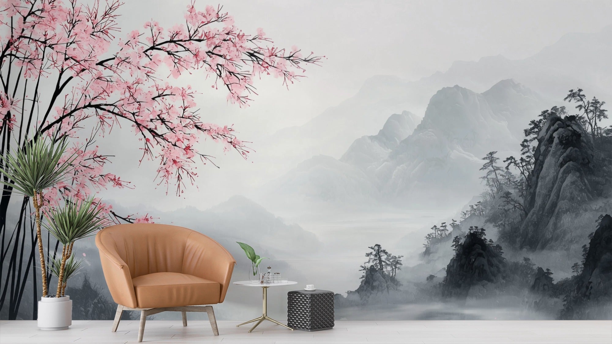 Mountain Dawn: Cherry Blossoms and Mist