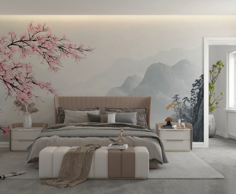 Mountain Dawn: Cherry Blossoms and Mist