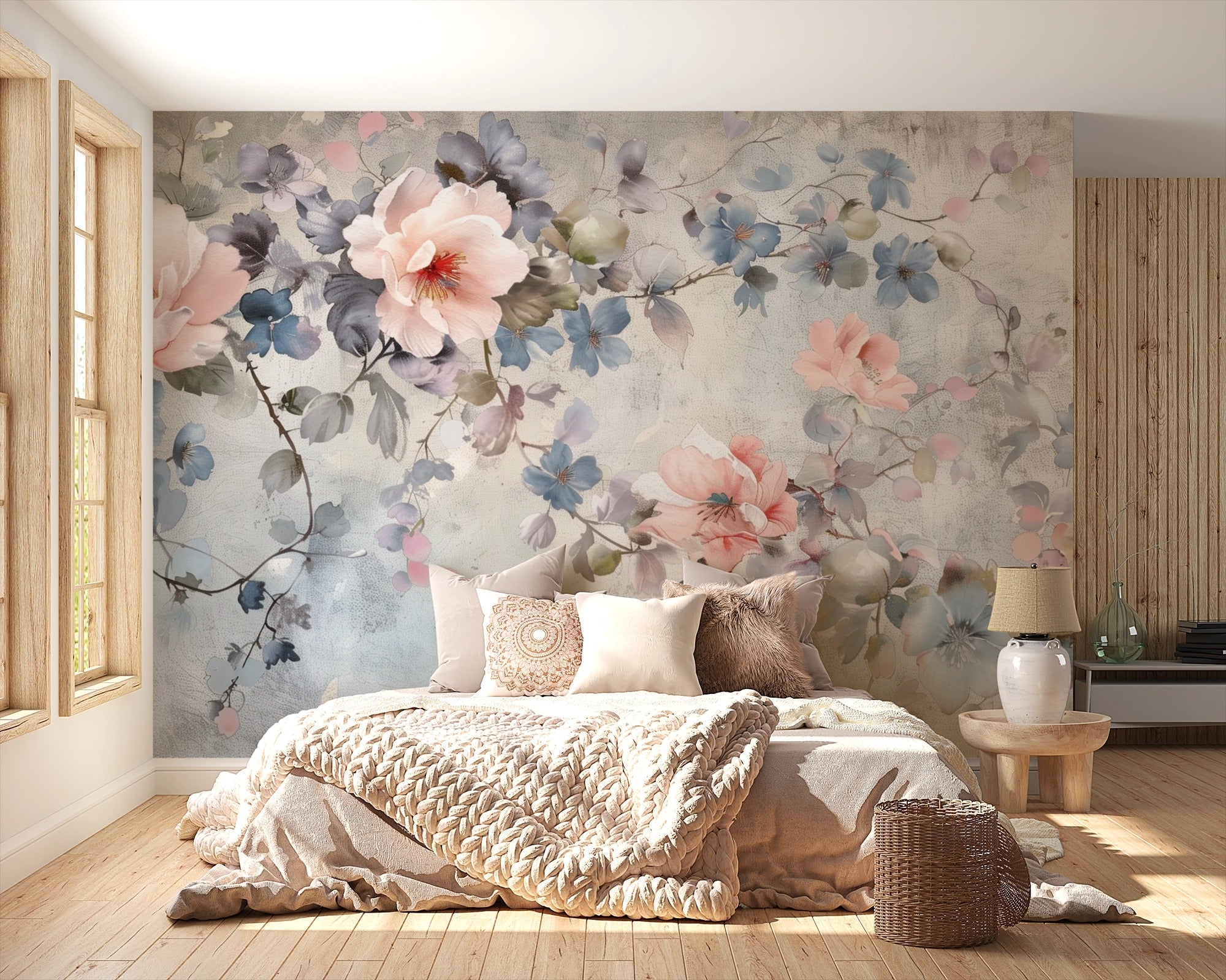 Ink Veil: Pink Petals and Grey Leaves in Watercolor