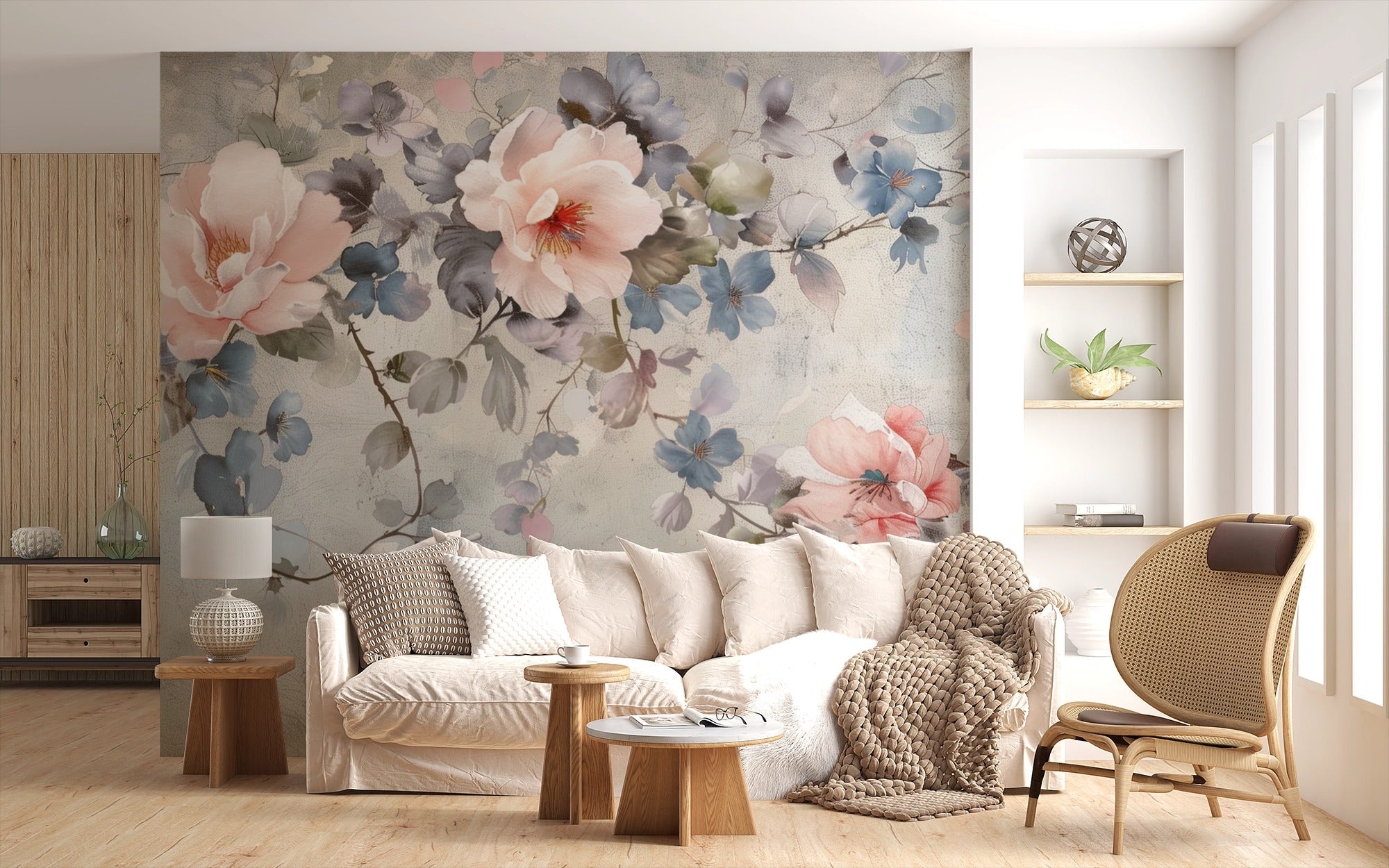 Ink Veil: Pink Petals and Grey Leaves in Watercolor