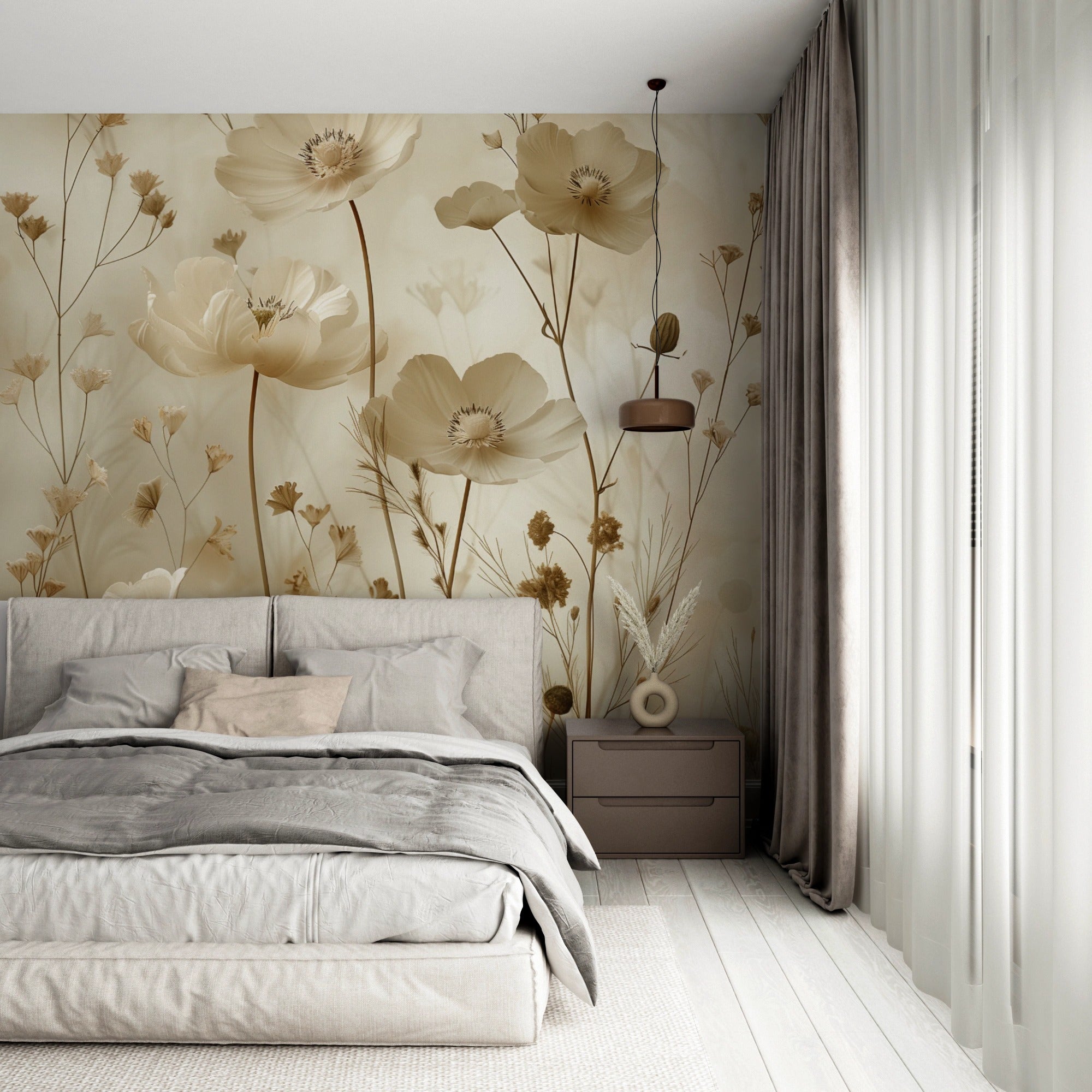 Beige Floral Illustration with Poppies and Soft Natural Accents