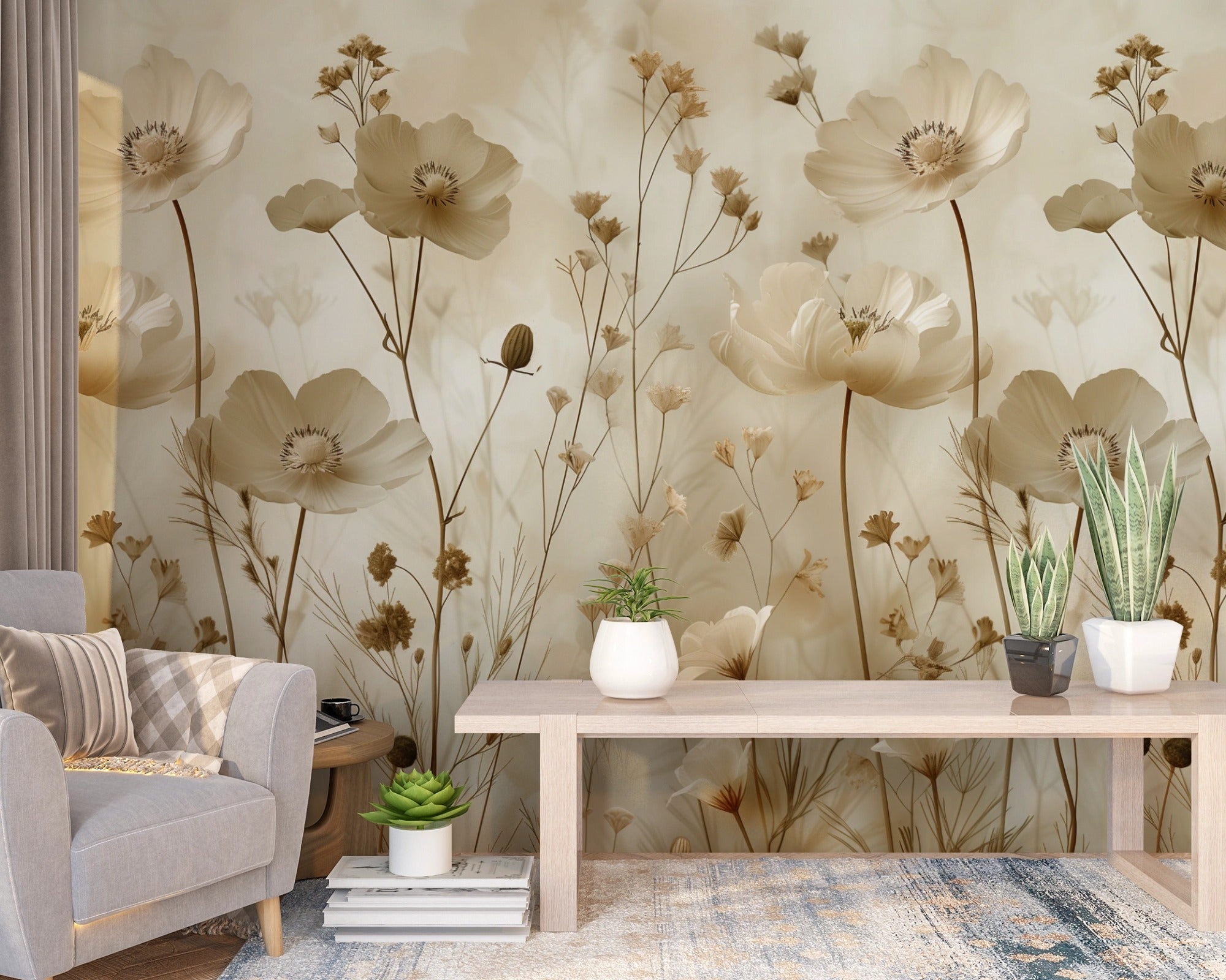 Beige Floral Illustration with Poppies and Soft Natural Accents