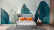 Tropical Elegance: Leaves in Watercolor Petrol Blue Strokes