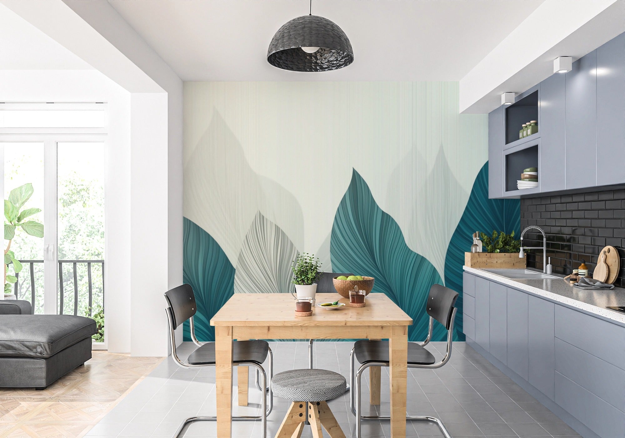 Tropical Elegance: Leaves in Watercolor Petrol Blue Strokes