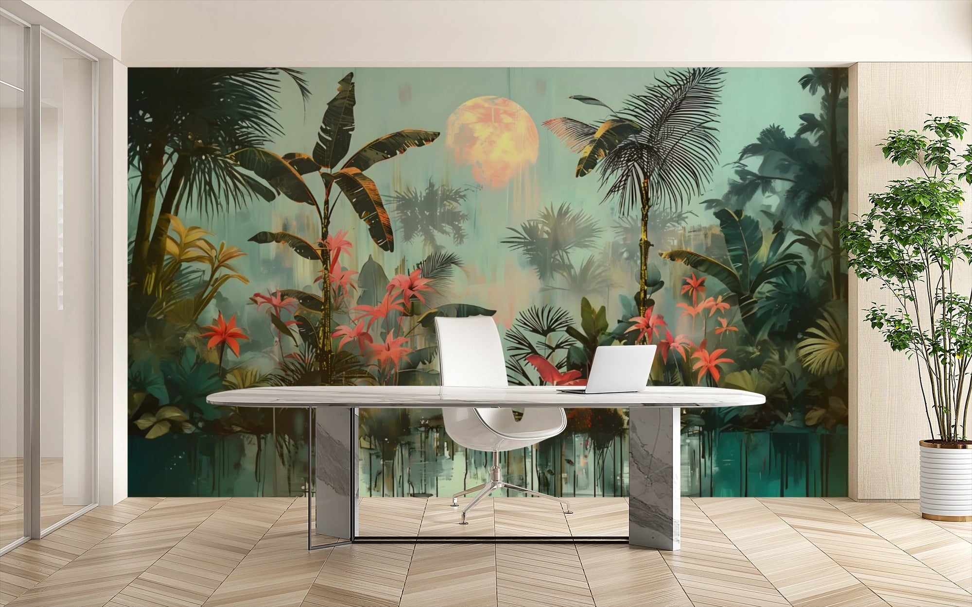 Abstract Jungle by Moonlight: Digital Art with Red Tropical Flowers